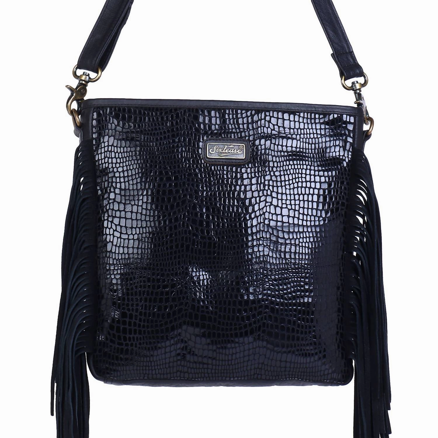 Women's Leather Fringed Crossbody In Silver Black Polka Dots