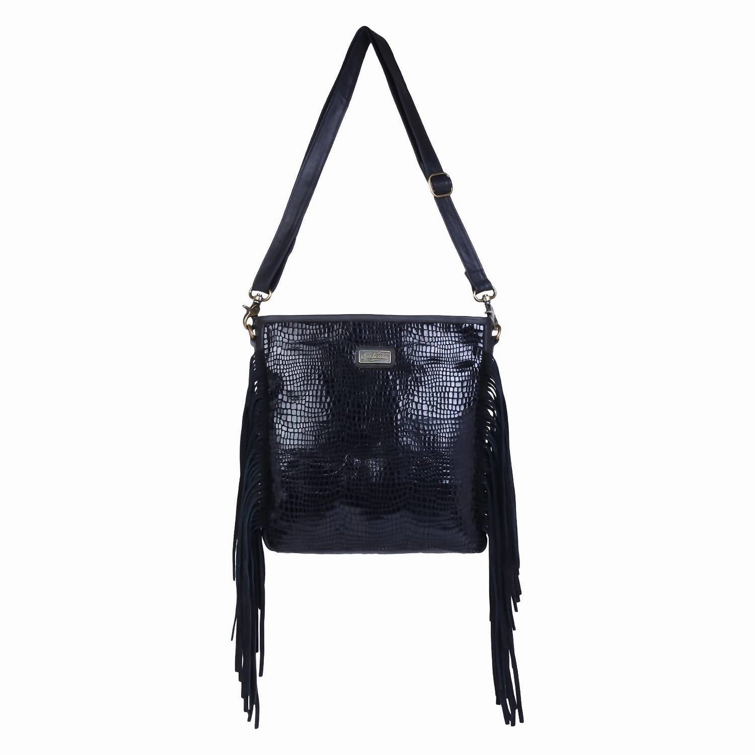 Women's Leather Fringed Crossbody In Silver Black Polka Dots