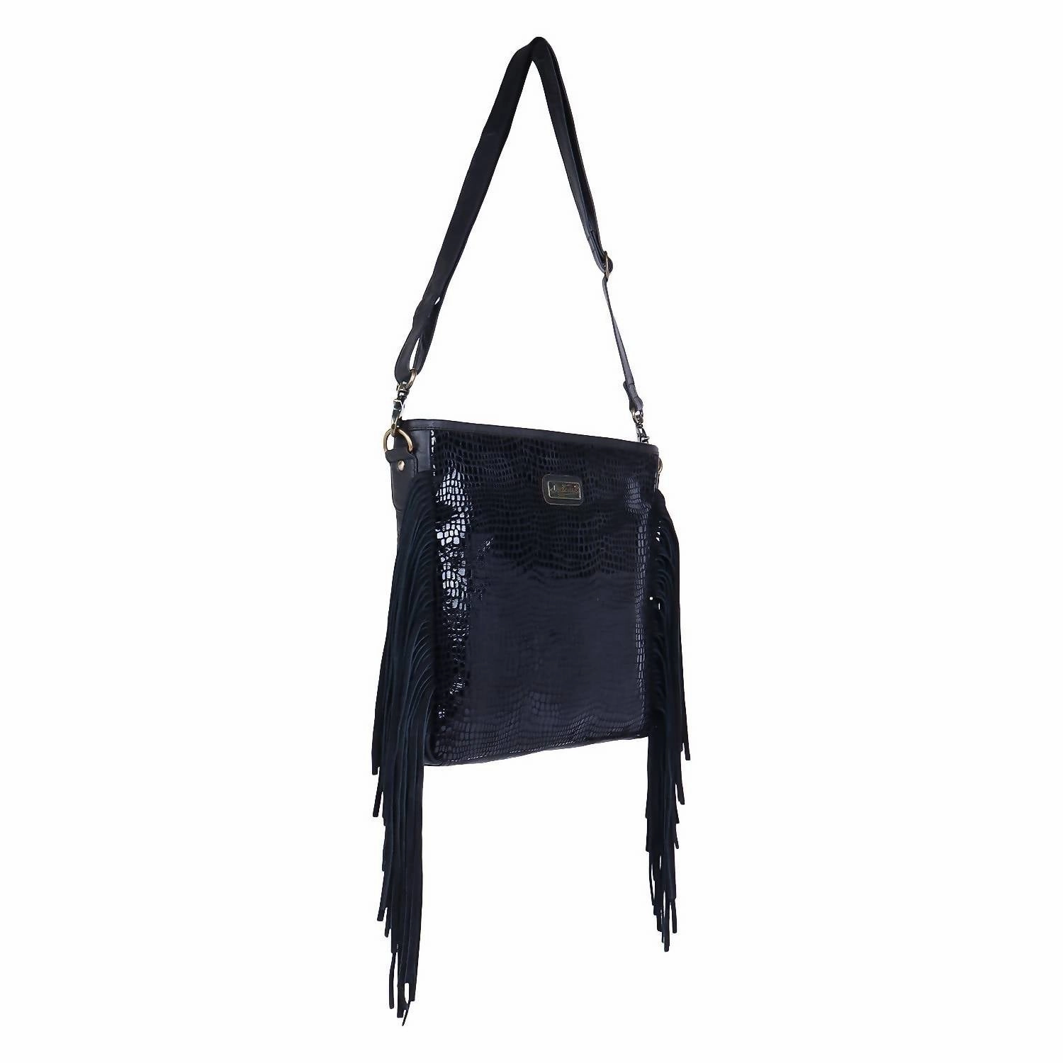 Women's Leather Fringed Crossbody In Silver Black Polka Dots