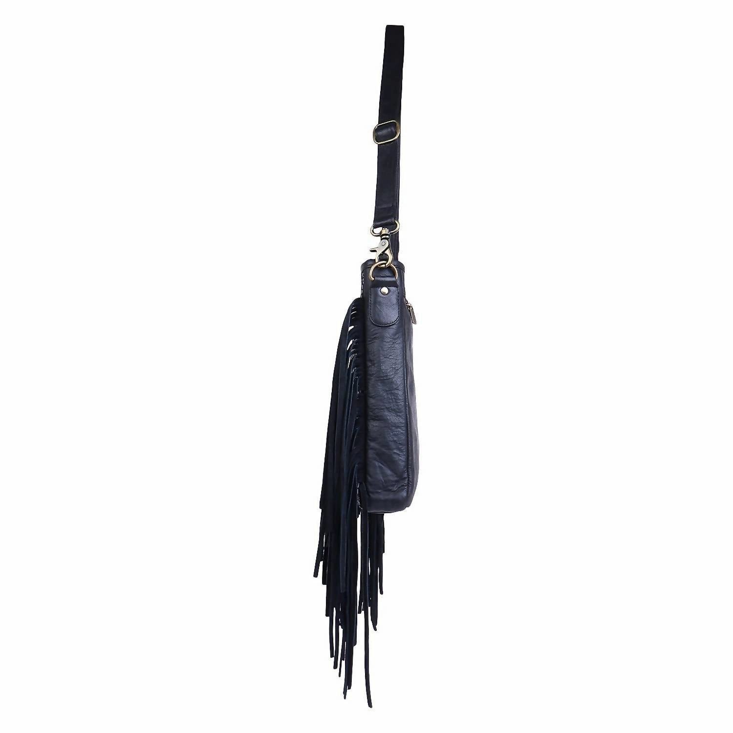 Women's Leather Fringed Crossbody In Silver Black Polka Dots