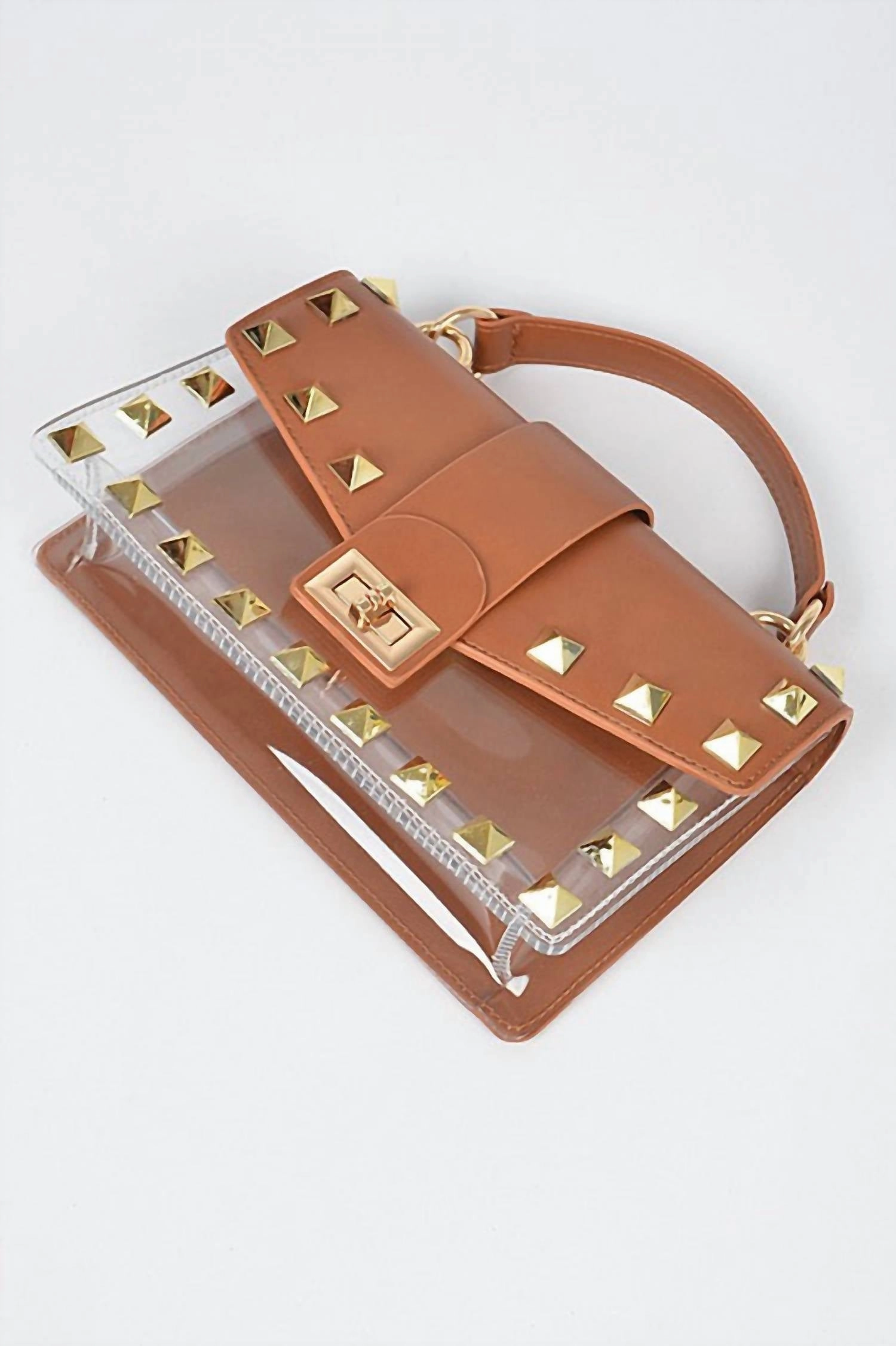 Women's Studded Clear Tan Purse In Camel
