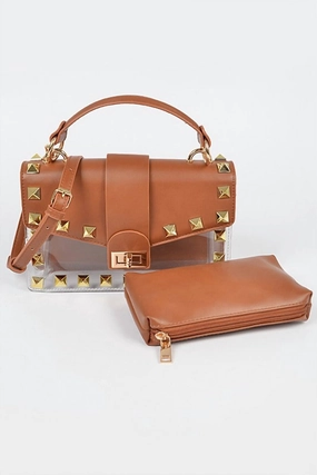 Women's Studded Clear Tan Purse In Camel