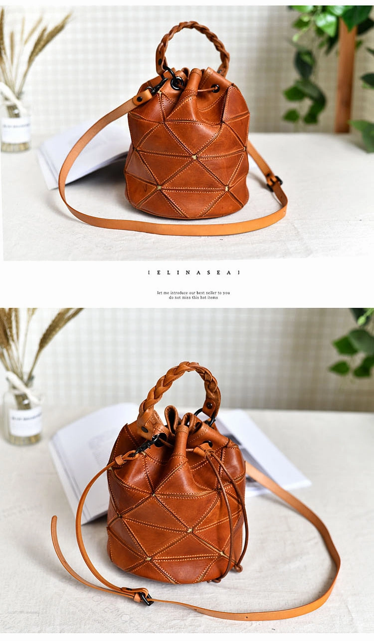 Womens Black Leather Bucket Shoulder Bag Purse Vintage Split Joint Barrel Round Handbag Crossbody Purse for Women