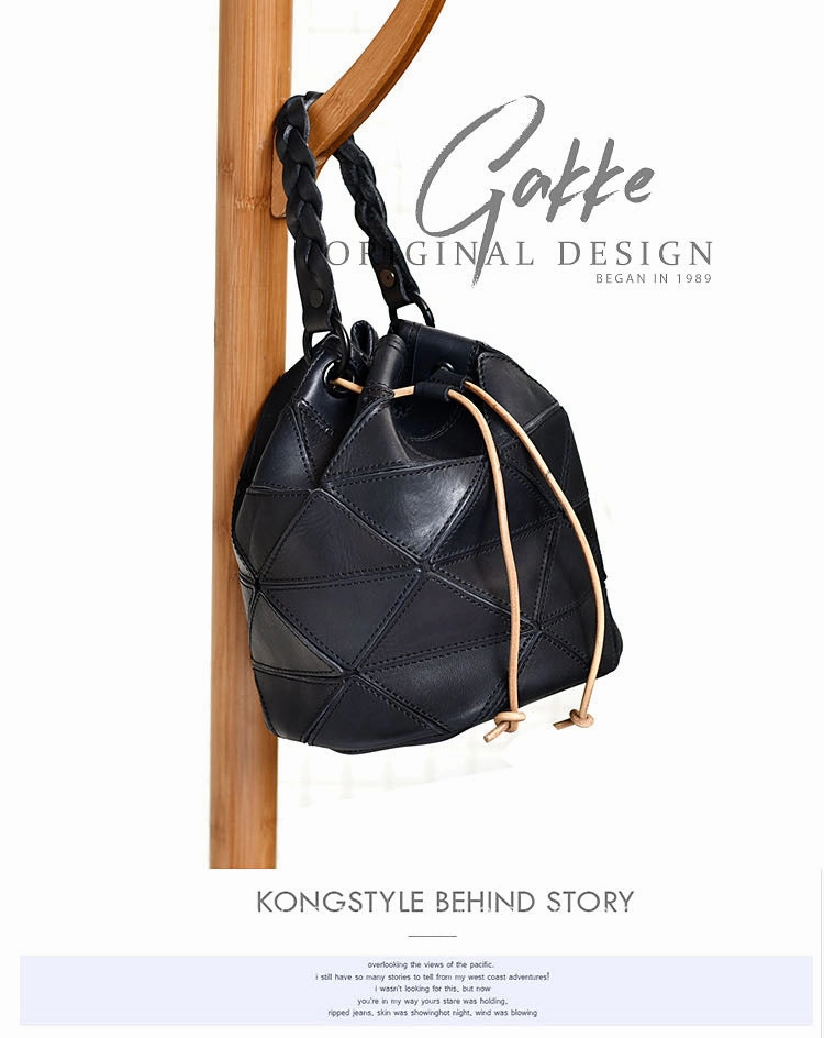 Womens Black Leather Bucket Shoulder Bag Purse Vintage Split Joint Barrel Round Handbag Crossbody Purse for Women