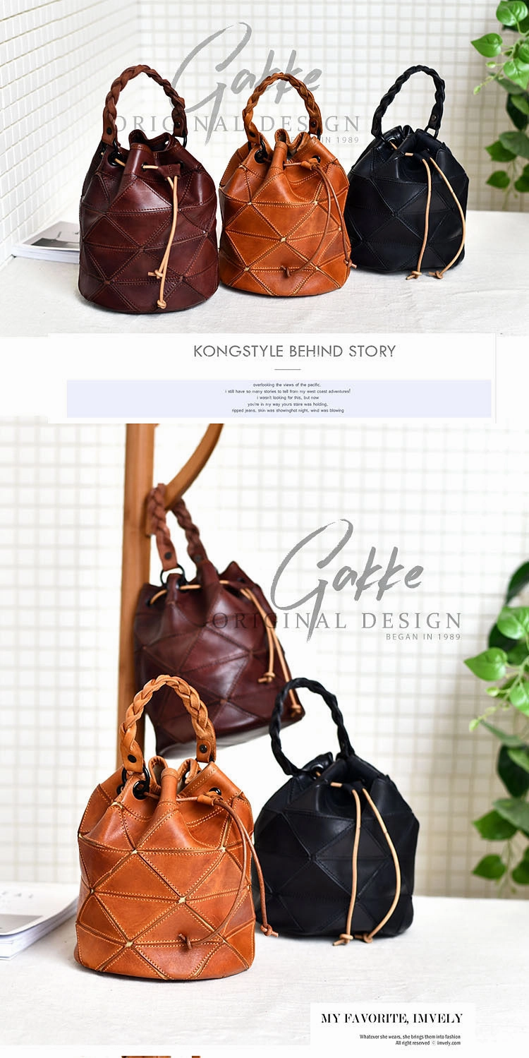 Womens Black Leather Bucket Shoulder Bag Purse Vintage Split Joint Barrel Round Handbag Crossbody Purse for Women