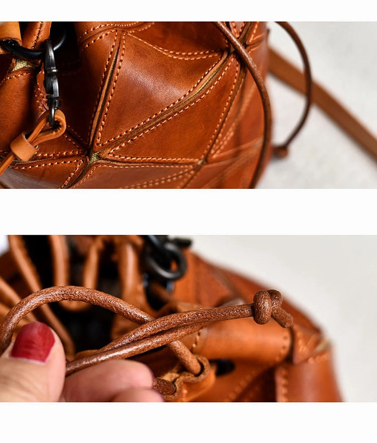 Womens Black Leather Bucket Shoulder Bag Purse Vintage Split Joint Barrel Round Handbag Crossbody Purse for Women