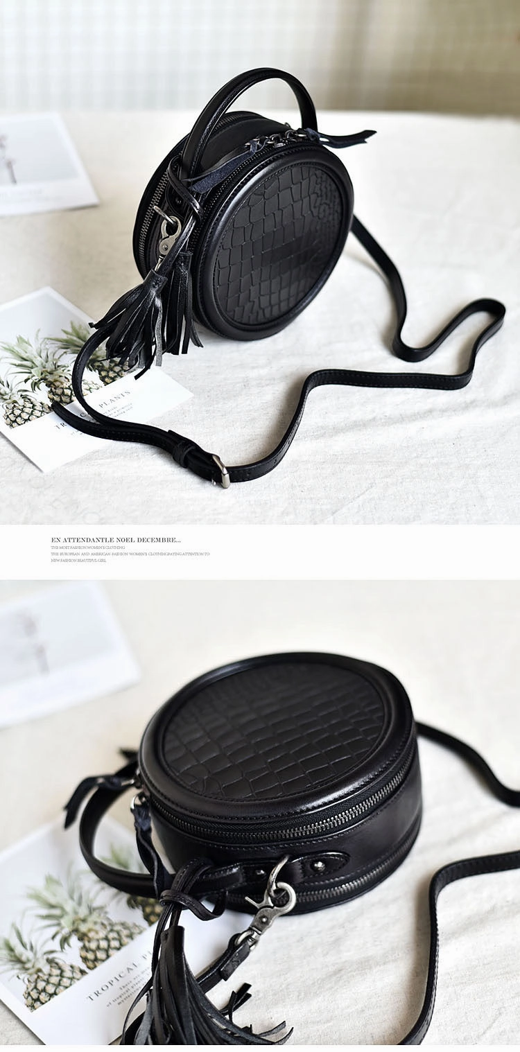 Womens Black Leather Round Crossbody Bag Crocodile Pattern Vintage Round Handbag Shoulder Bag for Women