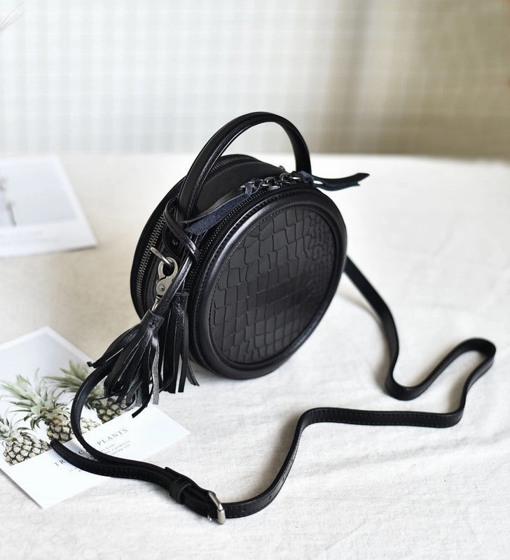 Womens Black Leather Round Crossbody Bag Crocodile Pattern Vintage Round Handbag Shoulder Bag for Women