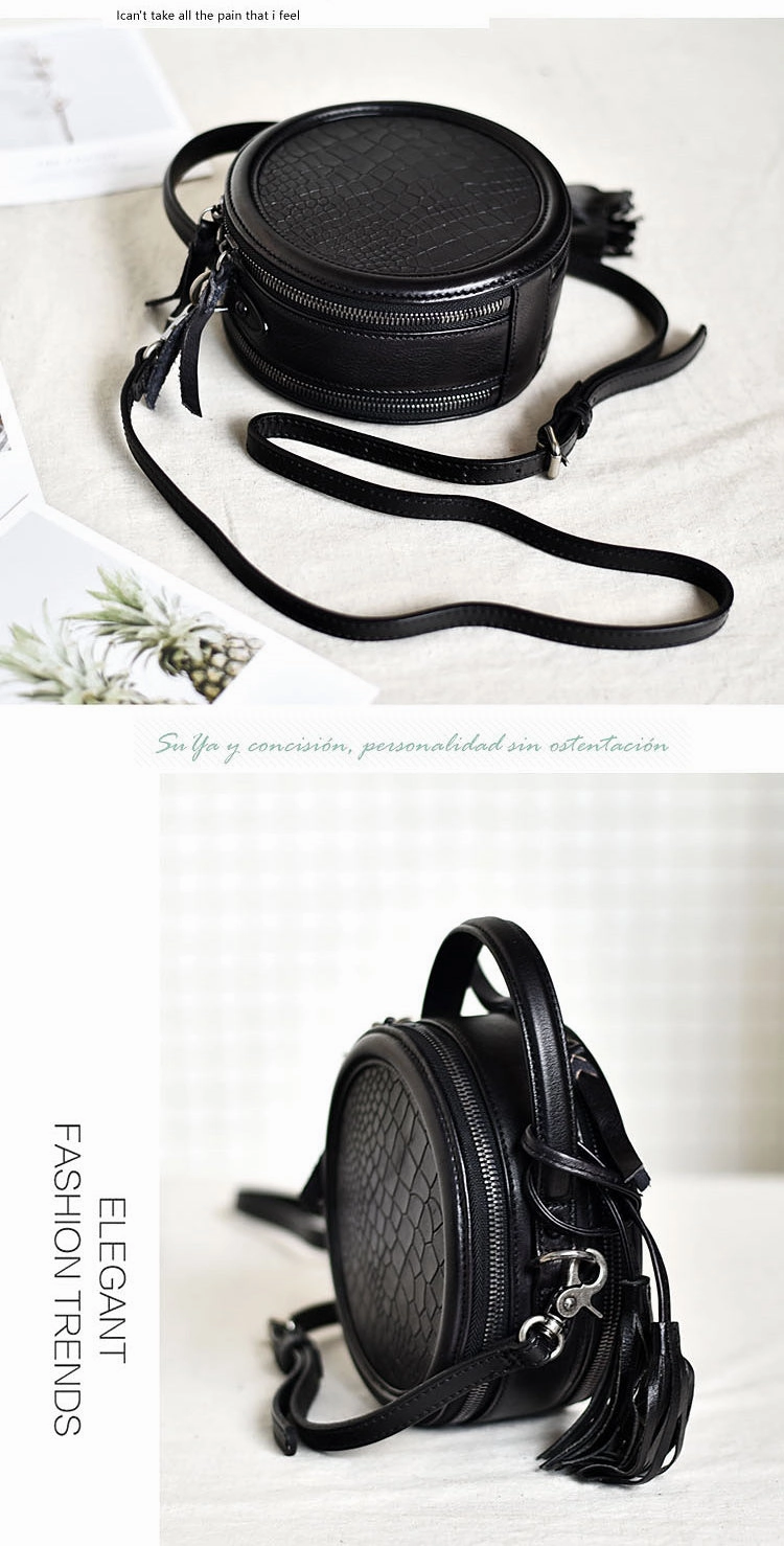 Womens Black Leather Round Crossbody Bag Crocodile Pattern Vintage Round Handbag Shoulder Bag for Women