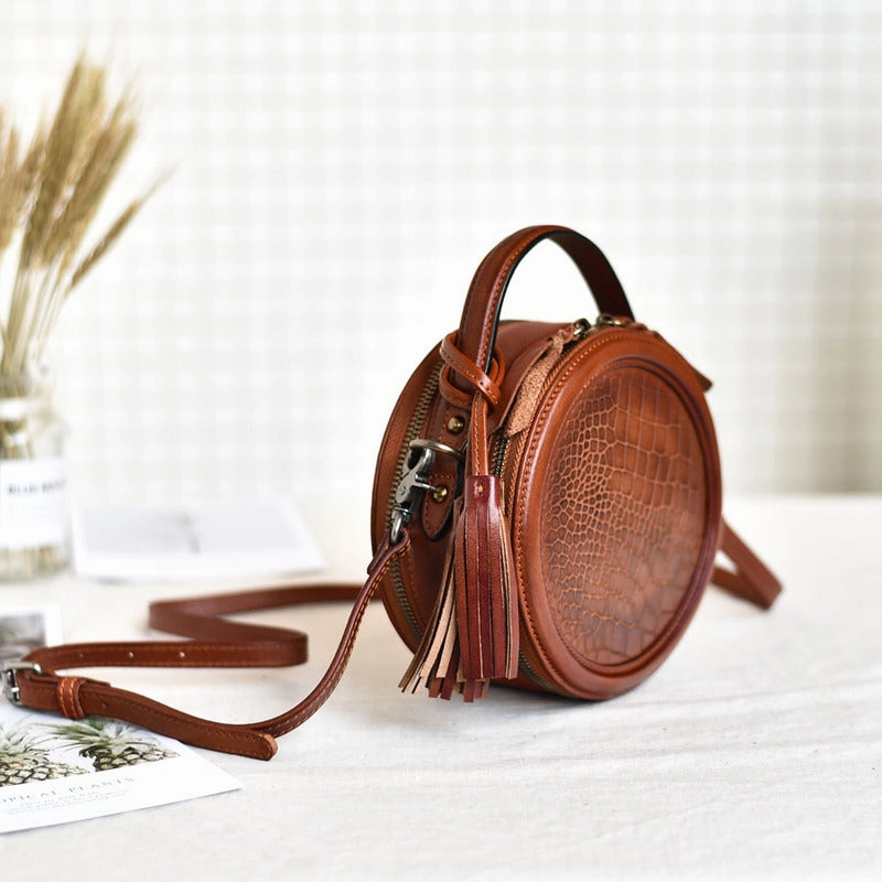 Womens Black Leather Round Crossbody Bag Crocodile Pattern Vintage Round Handbag Shoulder Bag for Women