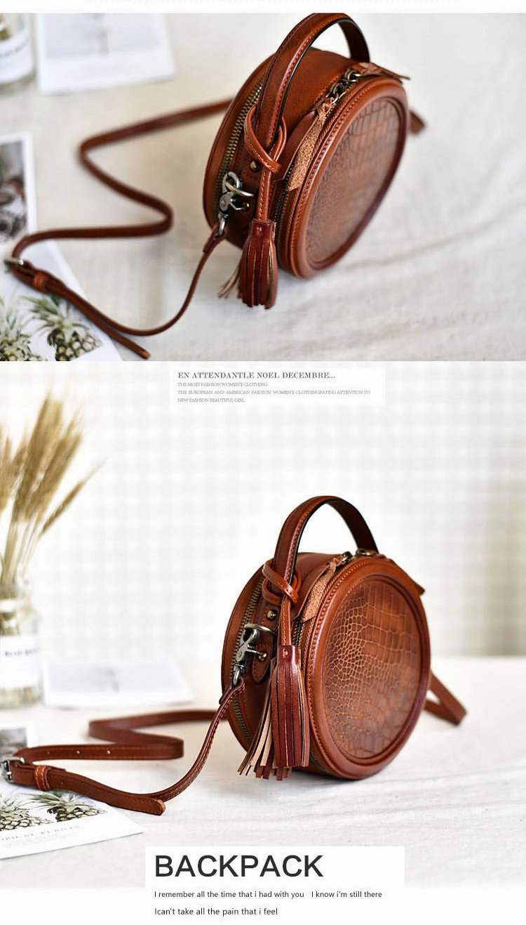 Womens Black Leather Round Crossbody Bag Crocodile Pattern Vintage Round Handbag Shoulder Bag for Women