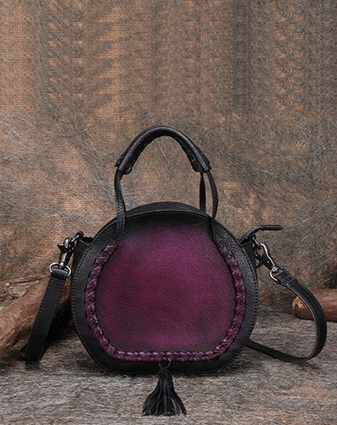 Womens Black Leather Round Handbag Purses with Tassels Vintage Handmade Round Shoulder Bag Crossbody Handbag for Women