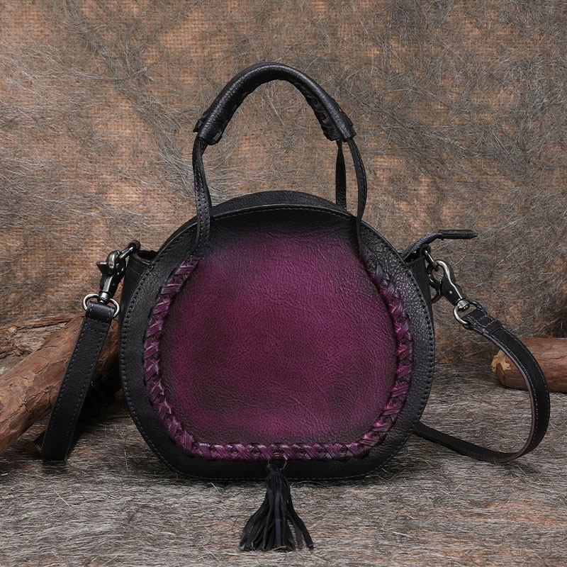 Womens Black Leather Round Handbag Purses with Tassels Vintage Handmade Round Shoulder Bag Crossbody Handbag for Women