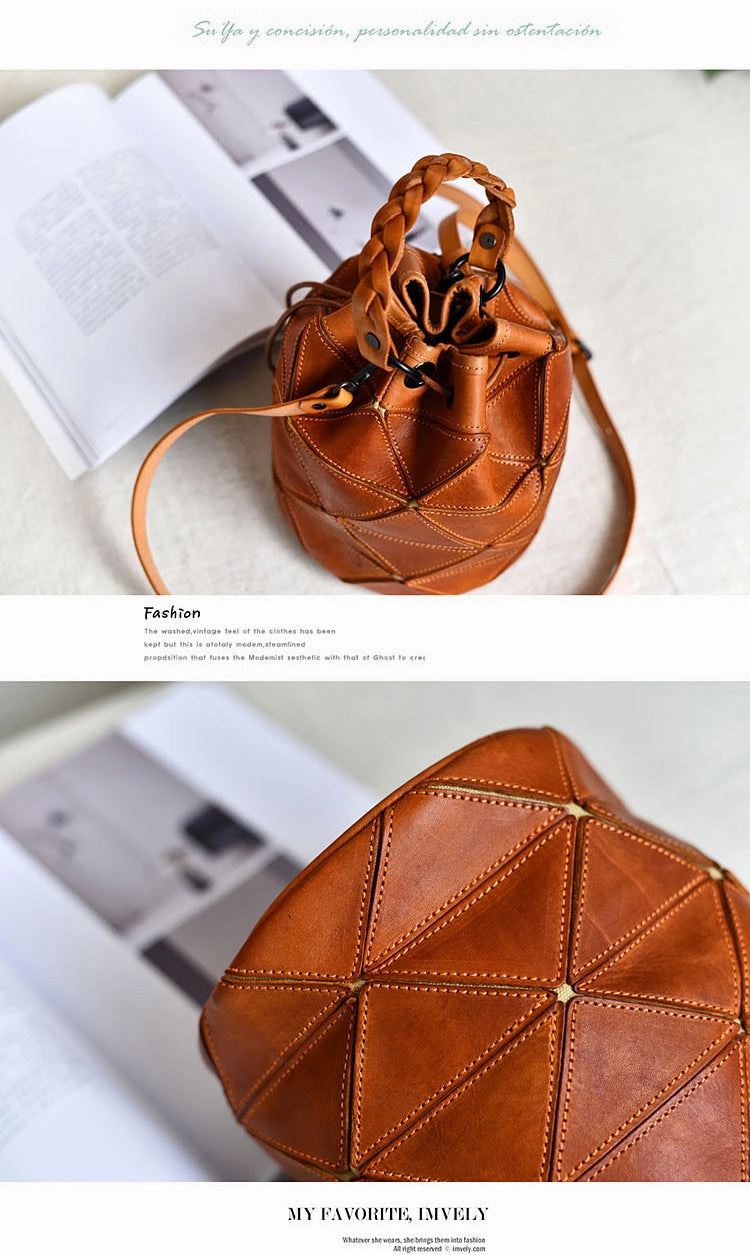 Womens Brown Leather Bucket Shoulder Bag Purse Vintage Split Joint Barrel Round Handbag Crossbody Purse for Women