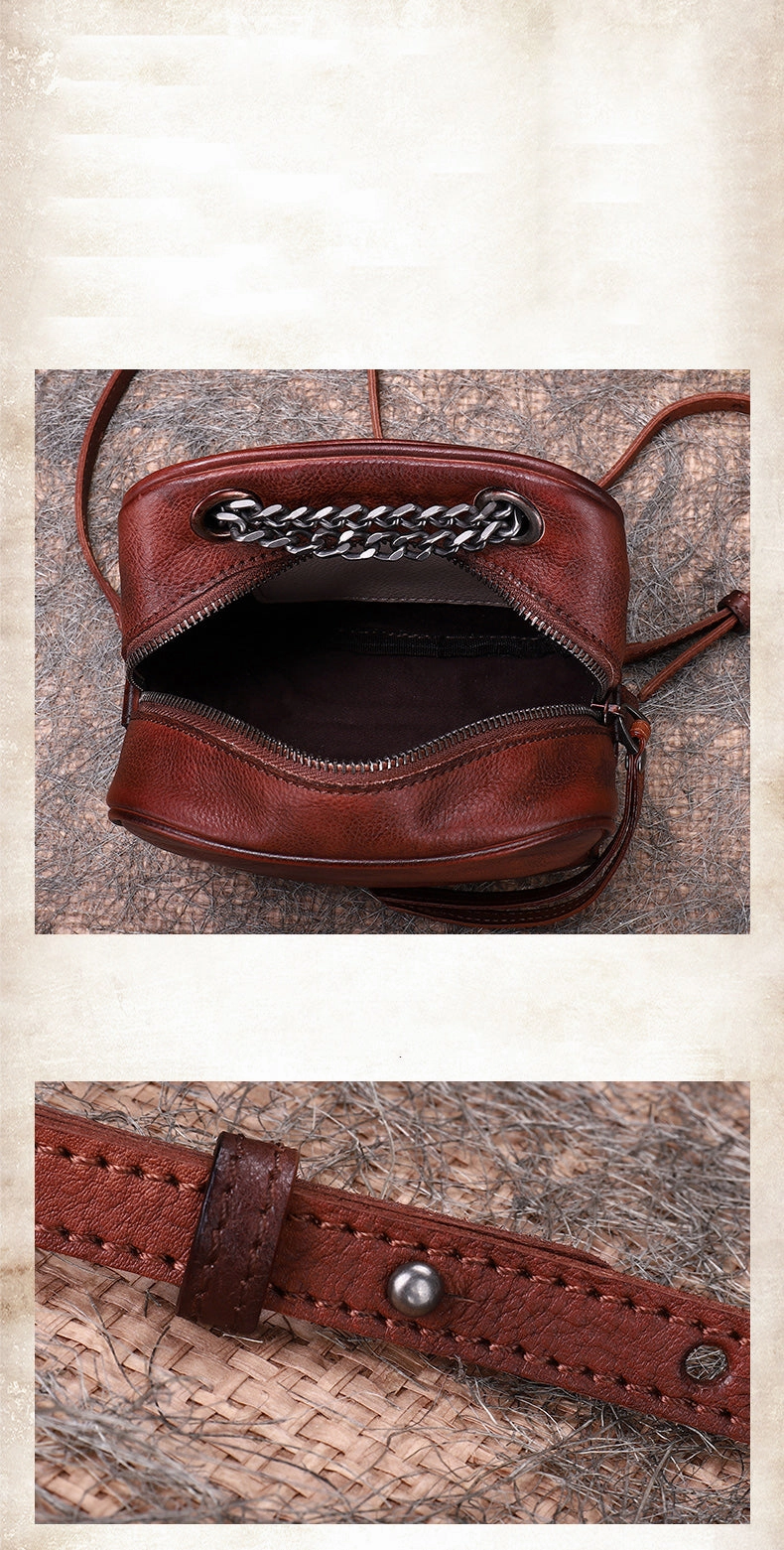 Womens Brown Leather Cube Small Side Bag Mini Shoulder Bag Best Square Crossbody Purse for Ladies