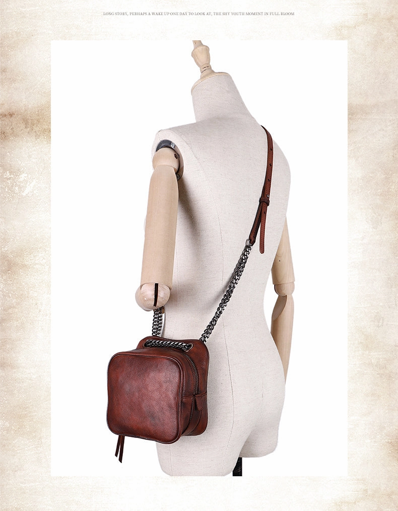 Womens Brown Leather Cube Small Side Bag Mini Shoulder Bag Best Square Crossbody Purse for Ladies