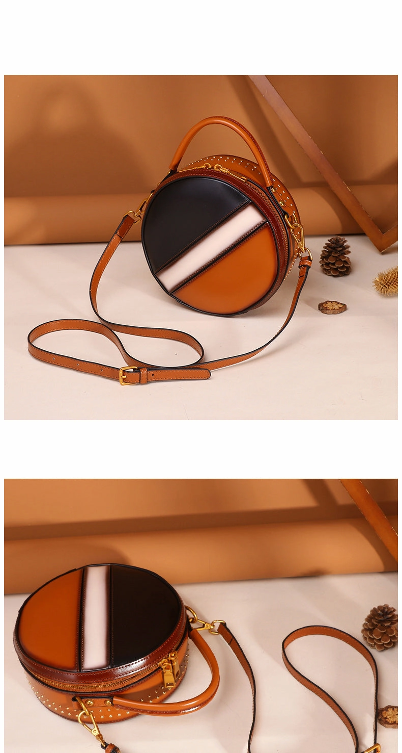Womens Brown Leather Round Handbag CONTRAST COLOR Crossbody Purse Brown Round Shoulder Bag for Women