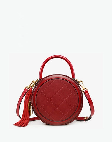 Womens Brown Leather Round Handbag Small Crossbody Purse Round Shoulder Bag for Women