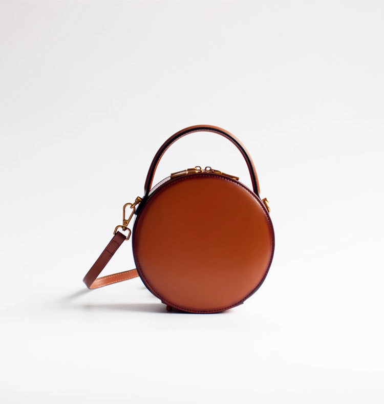 Womens Brown Leather Small Round Handbag Crossbody Purse Round Shoulder Bag for Women