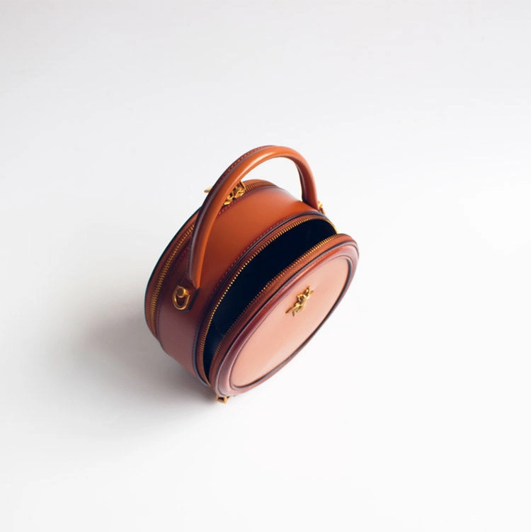 Womens Brown Leather Small Round Handbag Crossbody Purse Round Shoulder Bag for Women