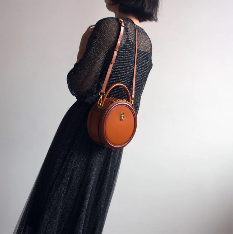 Womens Brown Leather Small Round Handbag Crossbody Purse Round Shoulder Bag for Women