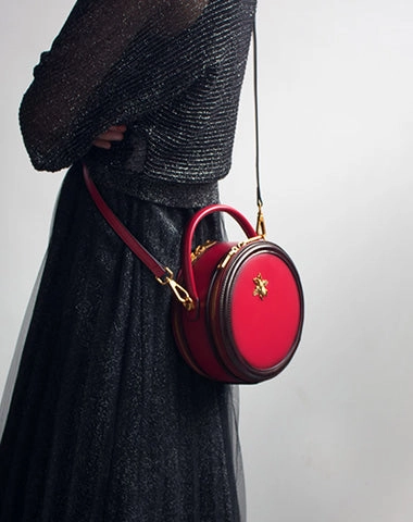 Womens Brown Leather Small Round Handbag Crossbody Purse Round Shoulder Bag for Women
