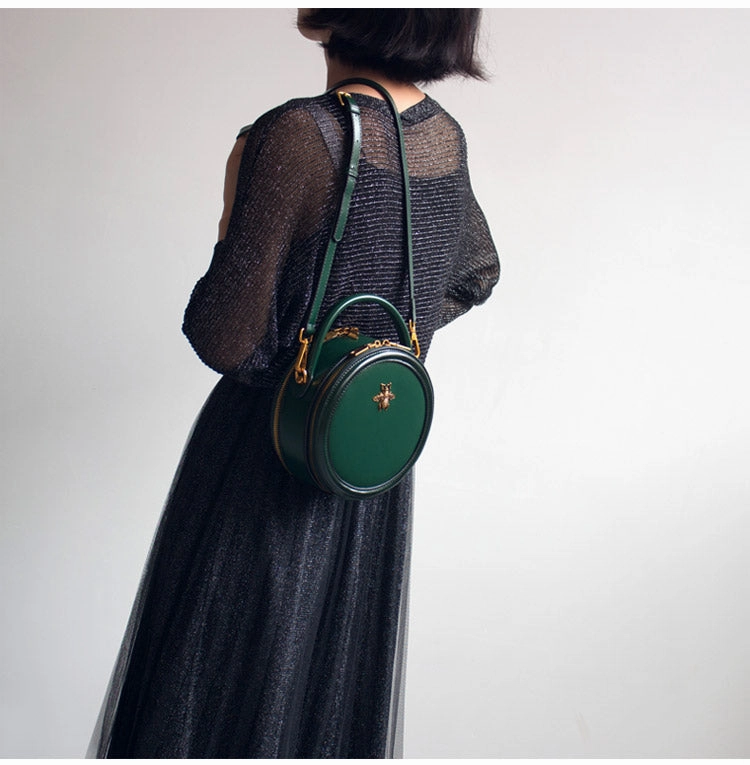 Womens Brown Leather Small Round Handbag Crossbody Purse Round Shoulder Bag for Women