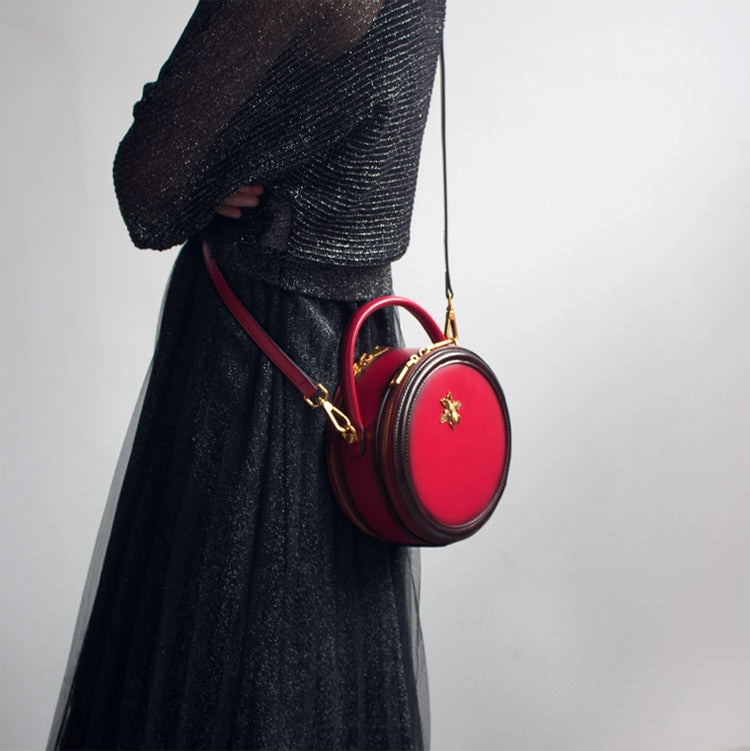 Womens Brown Leather Small Round Handbag Crossbody Purse Round Shoulder Bag for Women