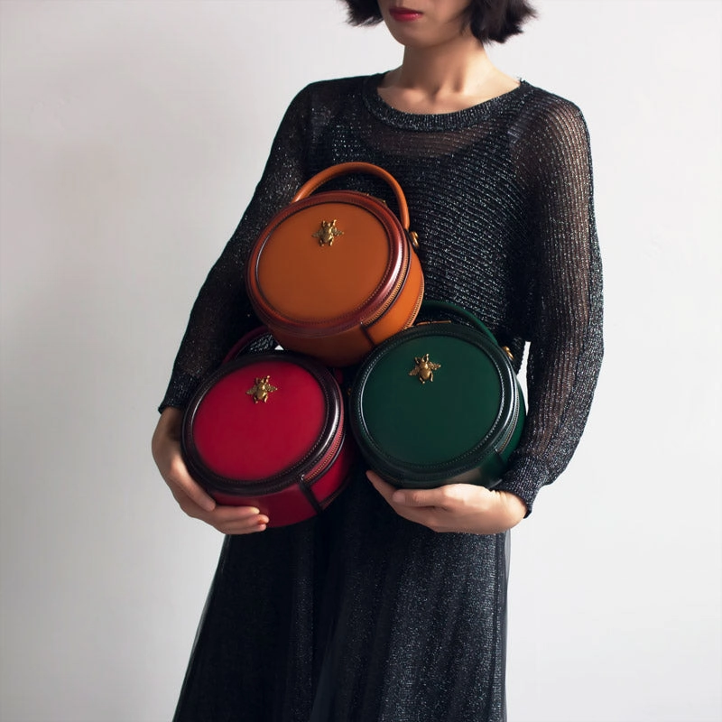 Womens Brown Leather Small Round Handbag Crossbody Purse Round Shoulder Bag for Women