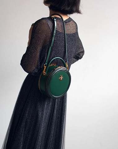 Womens Brown Leather Small Round Handbag Crossbody Purse Round Shoulder Bag for Women