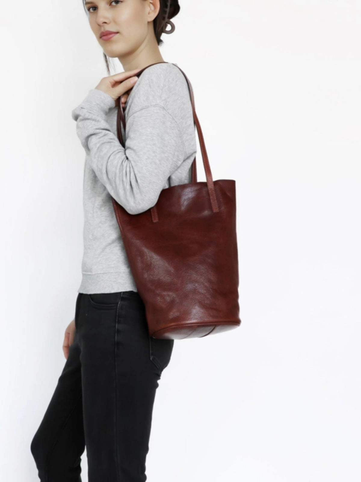 Womens Coffee Leather Bucket Tote Purse Vertical Tote Shopper Shoulder Bag for Ladies