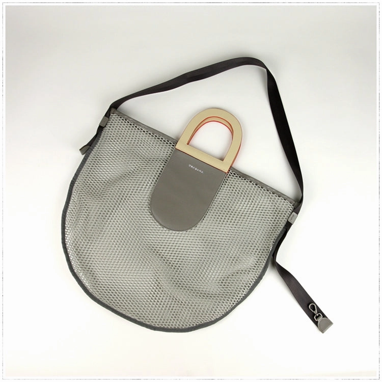Womens Light Gray Net Polyester Leather Tote Handbag Purse Polyester Tote Shoulder Bag Purse for Ladies