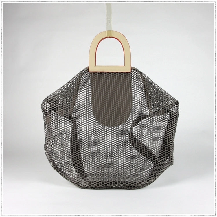 Womens Light Gray Net Polyester Leather Tote Handbag Purse Polyester Tote Shoulder Bag Purse for Ladies