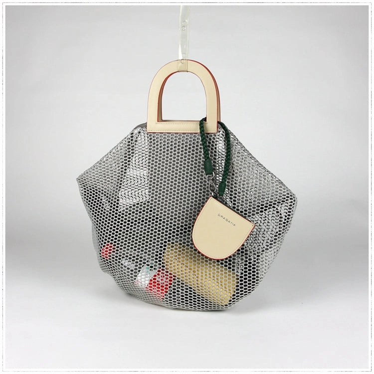 Womens Light Gray Net Polyester Leather Tote Handbag Purse Polyester Tote Shoulder Bag Purse for Ladies
