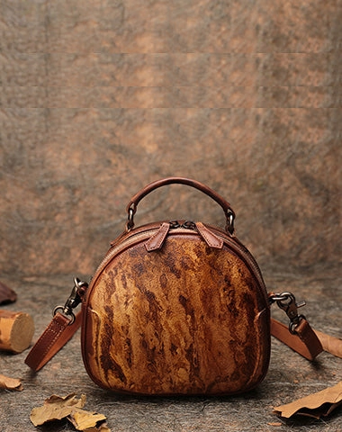 Womens Mix Green Leather Round Handbag Purses Vintage Handmade Round Shoulder Bag Crossbody Handbag for Women