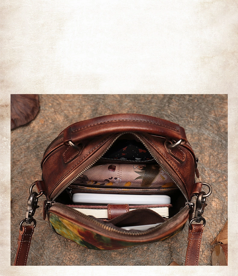 Womens Mix Green Leather Round Handbag Purses Vintage Handmade Round Shoulder Bag Crossbody Handbag for Women