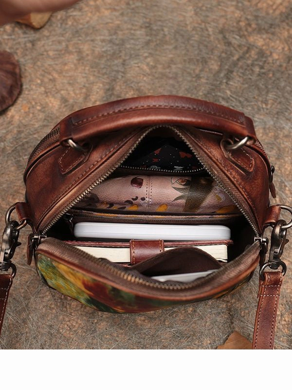 Womens Mix Green Leather Round Handbag Purses Vintage Handmade Round Shoulder Bag Crossbody Handbag for Women