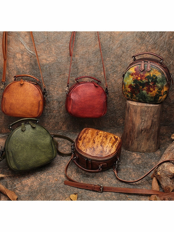 Womens Mix Green Leather Round Handbag Purses Vintage Handmade Round Shoulder Bag Crossbody Handbag for Women