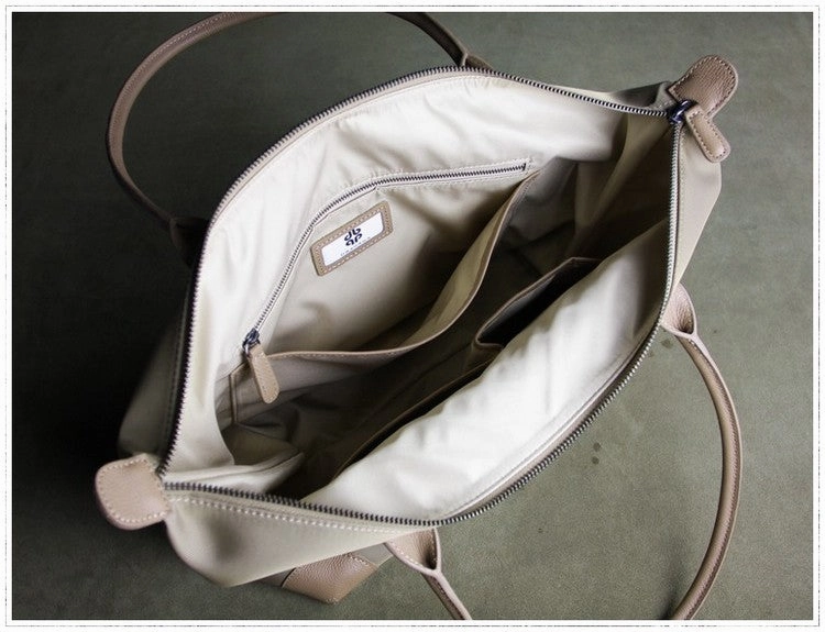 Womens Navy&Brown Nylon Shoulder Tote Medium Dark Blue Nylon&Brown Handbag Purse for Ladies