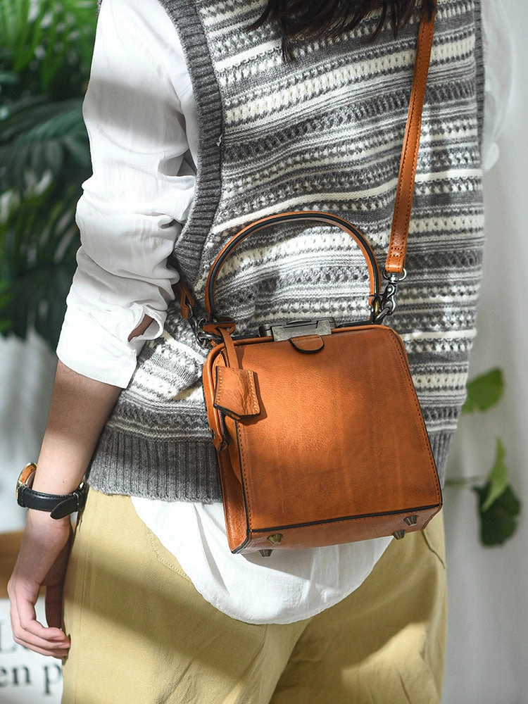 Womens Red Leather Doctor Handbag Purses Square Doctor Crossbody Purse for Women
