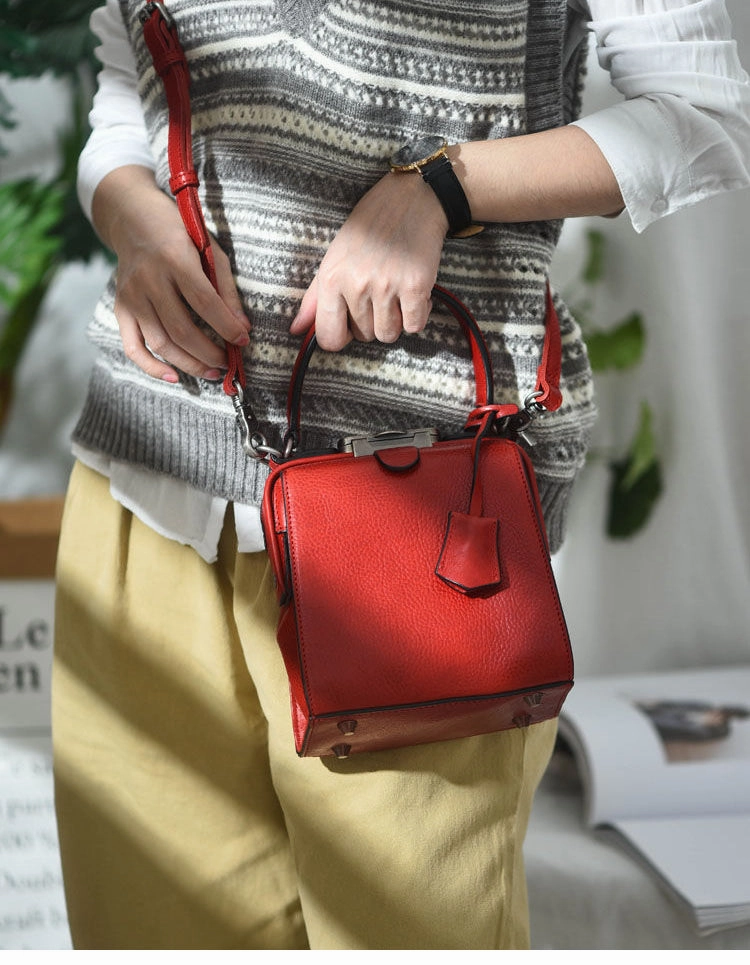 Womens Red Leather Doctor Handbag Purses Square Doctor Crossbody Purse for Women