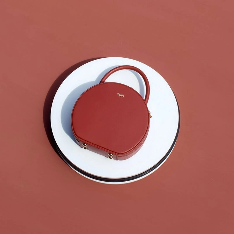 Womens Red Leather Round Handbag Crossbody Bag Round Small Shoulder Bag for Women