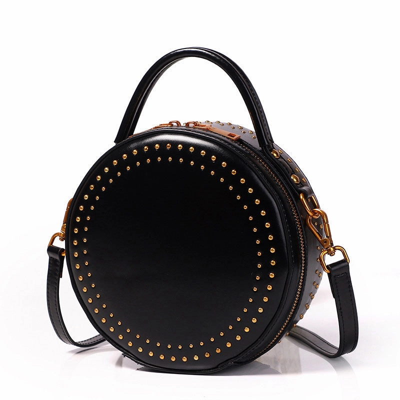 Womens Red Leather Round Handbag with Rivet Crossbody Purse Red Round Shoulder Bag for Women