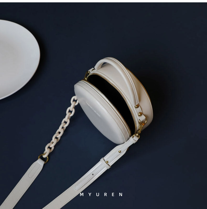 Womens White Leather Round Handbag Small Chain Crossbody Purse Round Shoulder Bag for Women