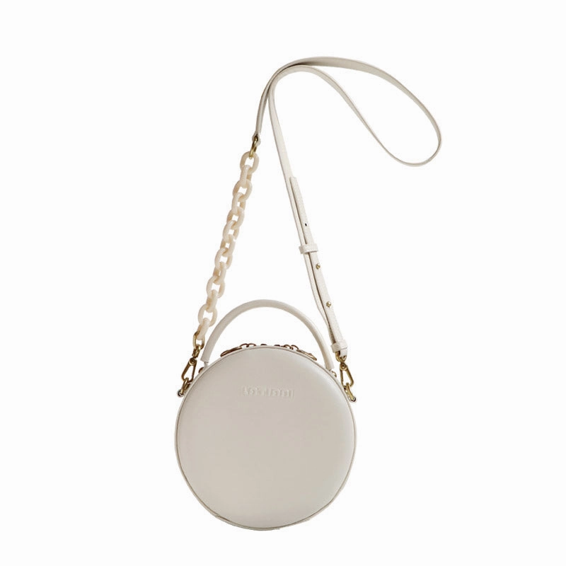 Womens White Leather Round Handbag Small Chain Crossbody Purse Round Shoulder Bag for Women
