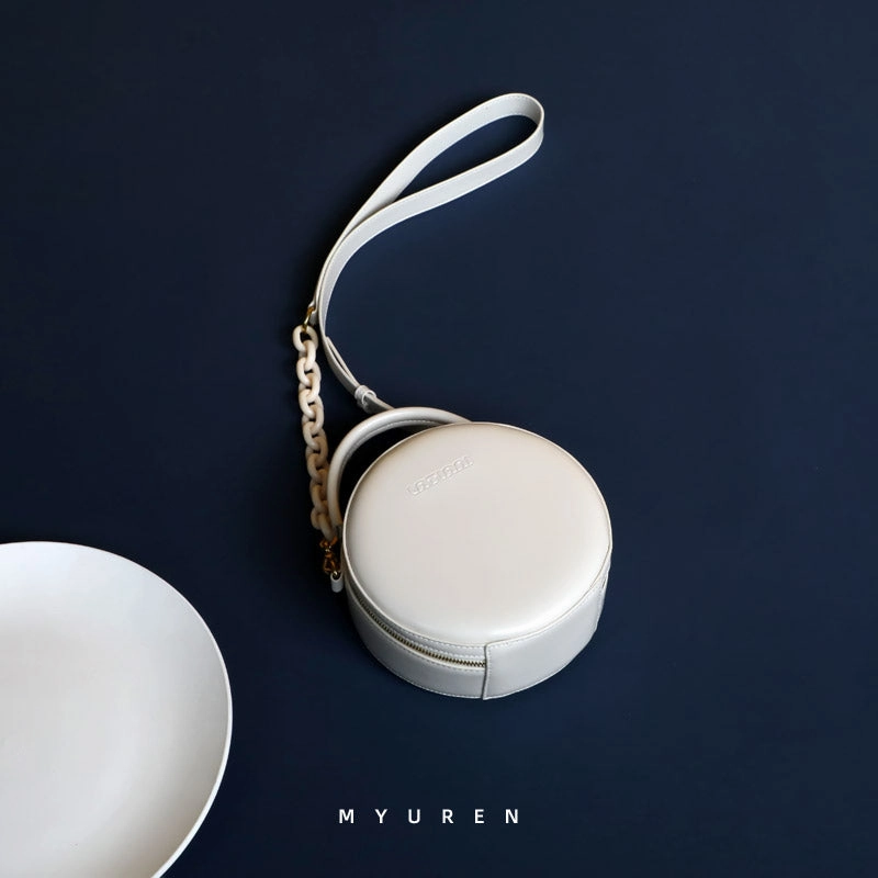 Womens White Leather Round Handbag Small Chain Crossbody Purse Round Shoulder Bag for Women