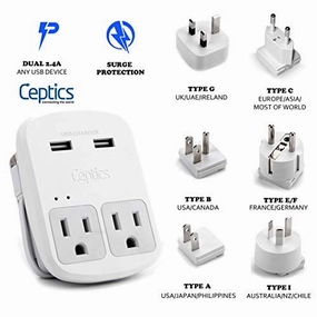 World Travel Adapter Kit by Ceptics - Dual USB   2 US Outlets, Surge Protection, Plugs for Europe, UK, China, Australia, Japan - Perfect for Laptop, Cell Phones, Cameras - Safe ETL Tested (WPS-2B )