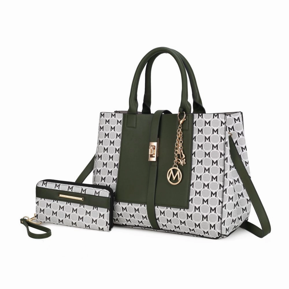 Yuliana Circular M emblem Print Satchel Handbag for Women's with Wallet