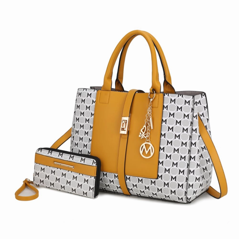 Yuliana Circular M emblem Print Satchel Handbag for Women's with Wallet